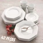 Jantar Chá Café 42 peças em Porcelana. Modelo Octogonal Prisma. Branca. Fabricado pela Schmidt.