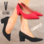 Scarpin Vizzano Salto Baixo Bico Fino Camurça