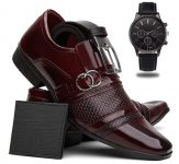 Sapato Masculino Verniz Social + Cinto + Carteira + Relógio