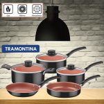 JOGO DE PANELAS TRAMONTINA 5 PEÇAS ALUMÍNIO TAMPA VIDRO TEMPERADO TURIN PRETO