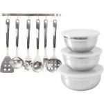 Jogo de Potes Inox com Tampa 3 peças + Jogo de Utensílios Inox 6 peças – La Cuisine