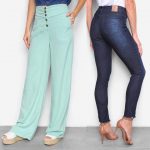Calça Jeans Ecxo Skinny Feminina ou Calça Pantalona Cambos Com Bolsos E Botões Cintura Alta Feminina