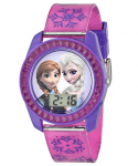 Disney Relógio digital infantil Frozen com Elsa e Anna no mostrador, revestimento roxo, alça rosa confortável, fácil de afivelar, seguro para crianças – Modelo: FZN3598