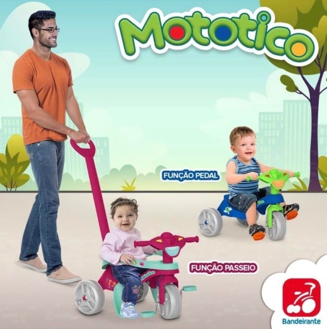 Triciclo Infantil Mototico com Empurrador Bandeirante