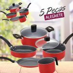 Conjunto de Panelas 5 Peças Alegrete Basic em Alumínio com Revestimento Antiaderente e Tampa de Vidro com Saída de Vapor – Vermelho