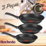 Conjunto de Frigideiras Antiaderente Rochedo – de Alumínio Limpa Fácil Preto 3 Peças