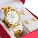 Relógio Champion Feminino Dourado Kit Colar Brincos