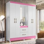 Guarda Roupas Casal com 4 Portas Capela Branco Branco/Rosa