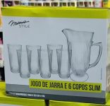 Mimo Style Jogo de Jarra 1L e 6 Copos de Vidro 260ml Transparente Linha Slim com Alto Relevo, Kit Prático para Sua Cozinha, Ideal para Servir Água, Suco e Outras Bebidas