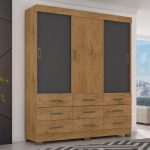 Guarda Roupas Casal 3 Portas de Correr 9 Gavetas Ana Araplac Freijó/ Freijó Carbono Flex