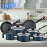 Conjunto de Panelas 7 Peças Tramontina Bergamo com Revestimento Antiaderente Starflon T1, Tampas de Vidro Temperado e Cabos de Baquelite – Azul