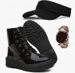 Bota Coturno Feminina Tratorada Tendência Blogueiras + Relógio + Boné Viseira
