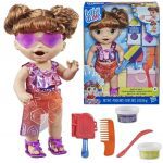 Baby Alive Dia na Praia Cabelos Castanhos, Bebê que Come e Faz Caquinha com Acessórios – F1681 – Hasbro, Rosa, roxo e laranja
