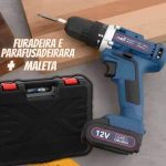 Furadeira e Parafusadeira a Bateria 12V – 3/8” com Maleta + 13 Peças