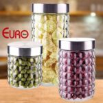 Conjunto com 3 Potes de Vidro transparente Bubble com Tampa Inox, VDR7047-3, Euro Home