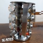 Porta Condimentos Tempero Base Giratória 16 Potes de Vidro com Tampa Inox