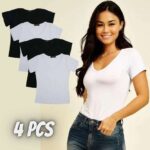 Kit 4 Blusas Feminina Básicas Decote V Manga Curta