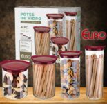 Conjunto com 4 Potes de Vidro transparente Slim com tampa plástica, Euro Home