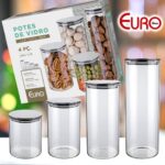 Conjunto com 4 Potes de Vidro transparente Slim com tampa Inox, VDR6866-4, Euro Home