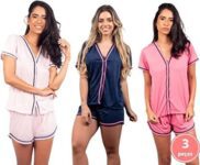 Kit 3 Pijamas Adultos Femininos Abertos Curtos Verão Blogueirinha Conjuntos Botões Frontais