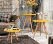 Kit Mesa Centro Apoio e Lateral de Sofá Retrô Cissa Classic com 3 Pernas Decoração – Amarelo