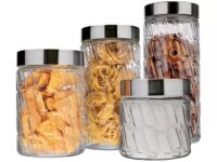 Conjunto com 4 potes de Vidro Mosaico Tampa Inox, VDR2089-4, Euro Home