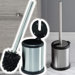 Bath Bliss Escova de vaso sanitário e suporte com tampa de fechamento automático, Cabeça de escova de 360 graus, Aço inoxidável