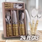 Faqueiro 24 Peças de Aço Inox com Cabo de Plástico e Estojo Bambu – Lyor