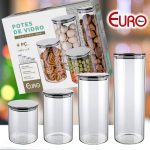 Conjunto com 4 Potes de Vidro transparente Slim com tampa Inox, Euro Home
