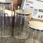 Conjunto com 3 Potes de Vidro transparente Slim com tampa Inox, Euro Home