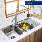 Kit Cuba para Cozinha Pia Dupla Nukini em Aço Inox 201 com Acessórios e Lixeira e Torneira Gourmet Misturador