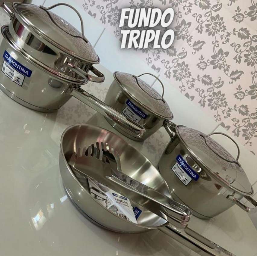 Jogo de Panelas Tramontina Solar Baquelite 5 Peças em Aço Inox Fundo Triplo  com Cabos e Alças de Baq - CASA ATIVA LTDA