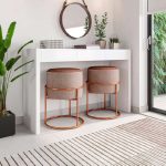 Kit Puff Redondo Iron Base Cobre Tecido Linho Bege