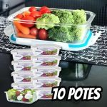 Kit 10 Potes De Vidro Retangular Com Tampa Hermética 640ml