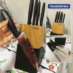 Jogo De Facas Plenus Com 6 Peças em Aço Inox e Suporte De Madeira Tramontina