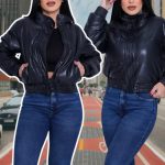 Jaqueta Puffer Couro Feminina Gola Alta Com Ziper Botões