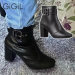 Bota Feminina Salto Alto Bico Quadrado Com Fivela E Zíper