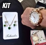 Relógio Feminino+ Colar Pingente Brincos Folheado A Ouro 18k