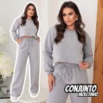 Conjunto Moletinho Cropped Moda Gringa Com Calça Pantalona