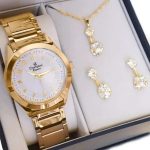 Relógio Champion Feminino Dourado Cn29409d + Colar E Brincos
