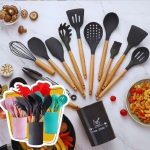 Kit 12 Utensílios Cozinha Silicone Cabo De Madeira Pegador