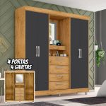 Guarda-roupa Casal com Espelho 4 Portas 4 Gavetas – Araplac Pequim