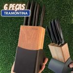 Jogo De Facas Plenus Com 6 Peças em Aço Inox e Suporte De Madeira Tramontina