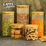 Kit 5 Potes de Vidro Herméticos Transparente Resistente Tampa Bambu