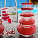Euro – Conjunto de Potes de Vidro Redondos com Tampa Plástica, Vermelho, 5 Peças