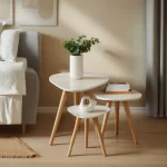 Kit Trio Jogo de Mesinhas Lateral Sala Pé Palito Retro Tampo Orgânico