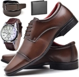 Kit Sapato Social Verniz Com Relógio Cinto Carteira MasculinoZARU R807DB / 2 Cores