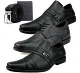 Kit 3 Pares Sapato Social em Couro Masculino Preto com Cinto e Carteira