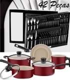 Conjunto de Panelas Versalhes Alumínio Antiaderente Vermelhas 5 Peças + Conjunto de Talheres Inox Malibu com 42 Peças Tramontina