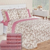 Kit Combo Premier Cobre Leito Casal Micro Percal 200 Fios + Toalhas de Banho 8 Peças – Rosa